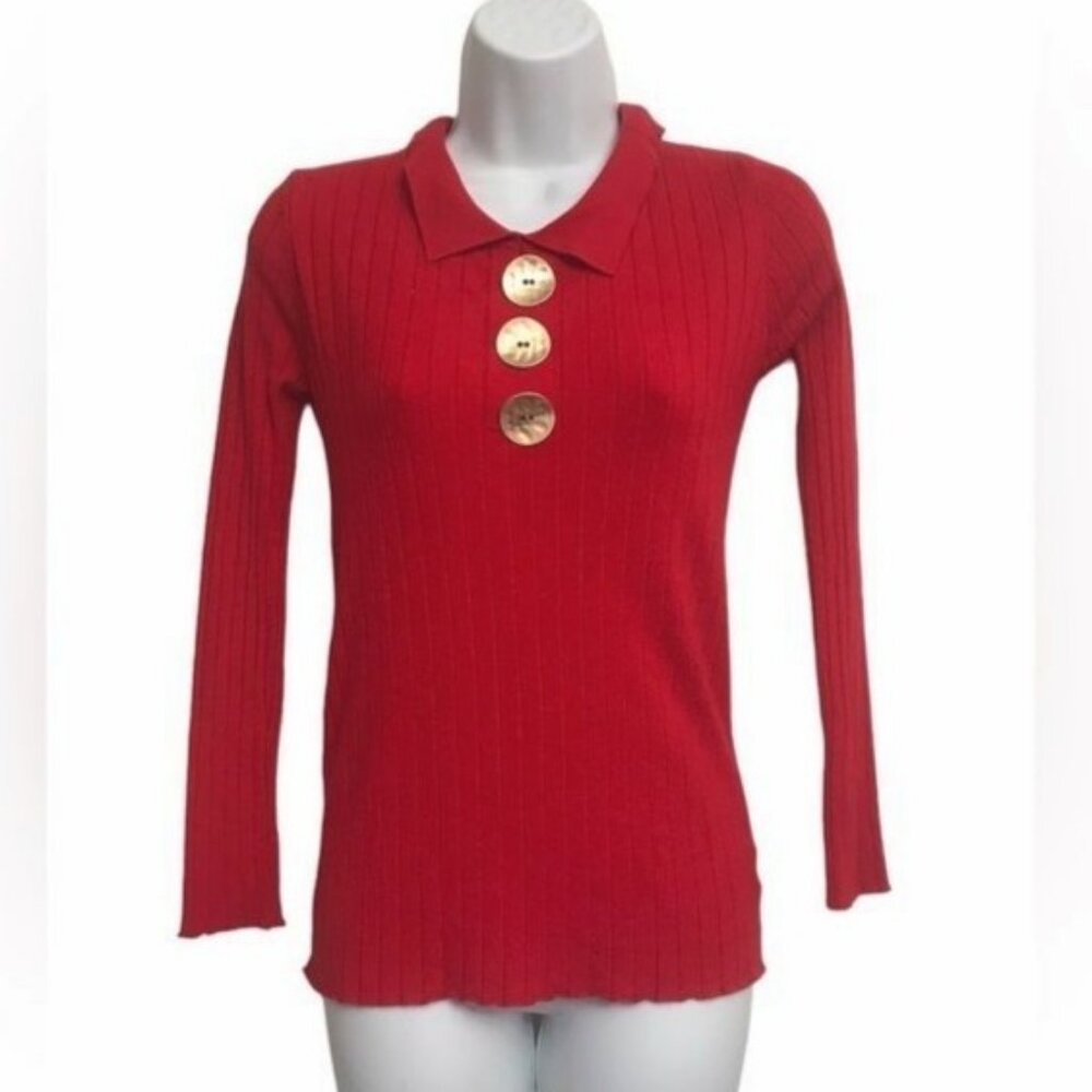 Spirito Ribbed Knit Polo Sweater S Collared Long Sleeve Gold Buttons Artigiano